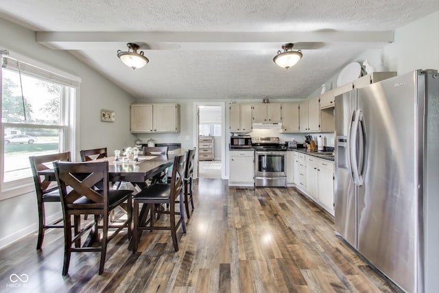 307 E Walnut St, Lebanon, IN 46052 - kitchen featuring appliances with stainless steel finishes, dark countertops, under cabinet range hood, a textured ceiling, and dark wood finished floors