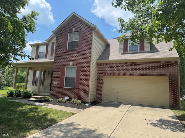 14520 Brackney Ln, Carmel, IN 46032 - traditional-style home featuring driveway, brick siding, a porch, and a shingled roof