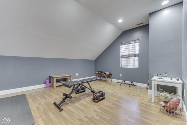 9676 Spruce Ln, Fishers, IN 46038 - exercise area with wood finished floors, lofted ceiling, and recessed lighting