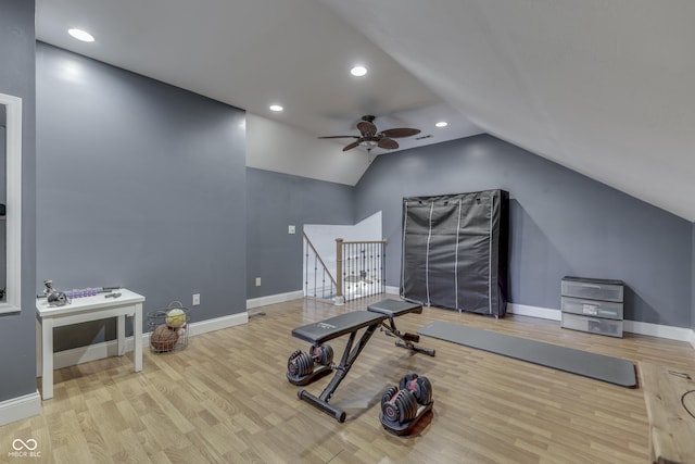 9676 Spruce Ln, Fishers, IN 46038 - exercise room featuring a ceiling fan, wood finished floors, vaulted ceiling, and recessed lighting