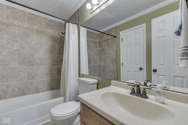 9676 Spruce Ln, Fishers, IN 46038 - bathroom featuring a textured ceiling, vanity, shower / bathtub combination with curtain, and ornamental molding