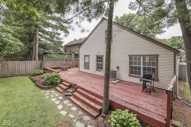 9676 Spruce Ln, Fishers, IN 46038 - wooden terrace featuring a fenced backyard and a grill