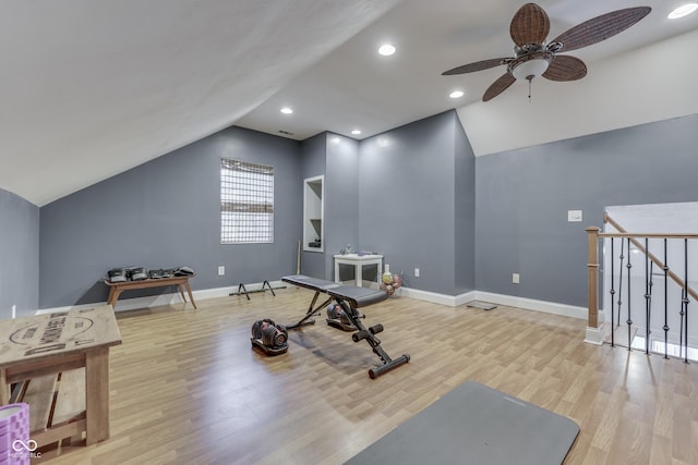 9676 Spruce Ln, Fishers, IN 46038 - workout area with a ceiling fan, lofted ceiling, wood finished floors, and recessed lighting