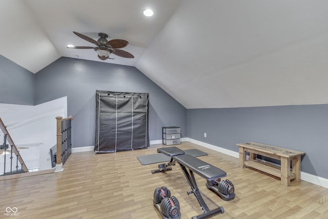 9676 Spruce Ln, Fishers, IN 46038 - workout room with ceiling fan, light wood-style flooring, and vaulted ceiling