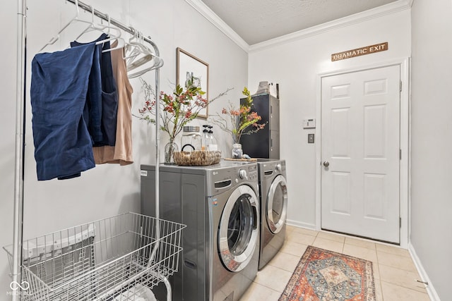 13816 Ambria Dr, Mccordsville, IN 46055 - washroom featuring independent washer and dryer, ornamental molding, tile patterned flooring, and a textured ceiling