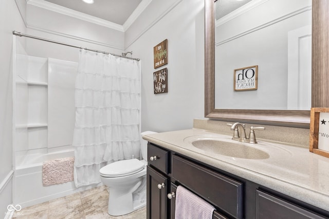 13816 Ambria Dr, Mccordsville, IN 46055 - bathroom with vanity, ornamental molding, and shower / tub combo with curtain