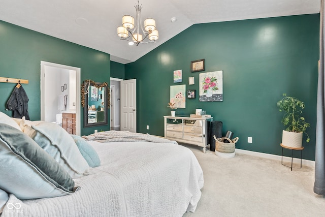 13816 Ambria Dr, Mccordsville, IN 46055 - bedroom featuring carpet floors, vaulted ceiling, a chandelier, and ensuite bath