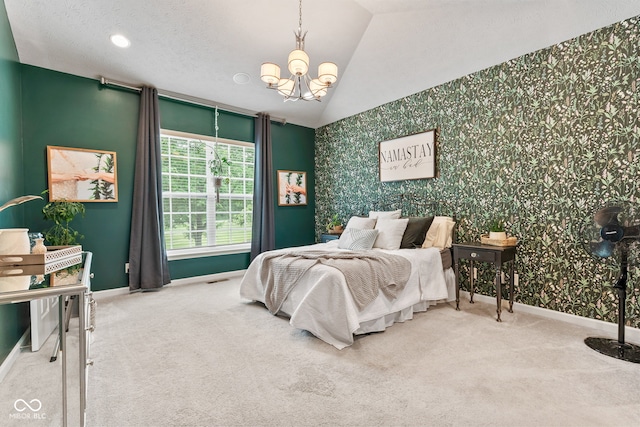 13816 Ambria Dr, Mccordsville, IN 46055 - carpeted bedroom featuring wallpapered walls, vaulted ceiling, and a chandelier