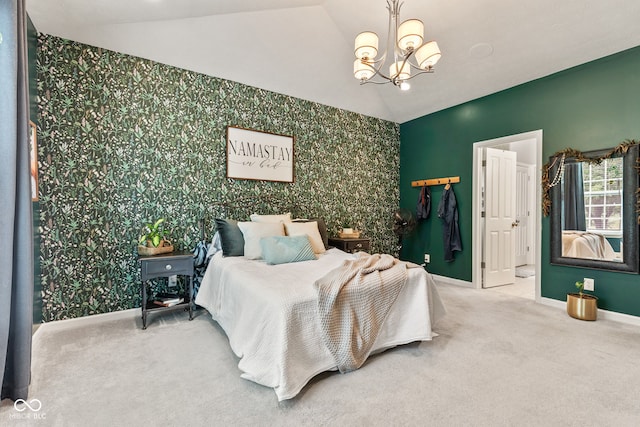 13816 Ambria Dr, Mccordsville, IN 46055 - bedroom featuring wallpapered walls, a chandelier, carpet flooring, and vaulted ceiling