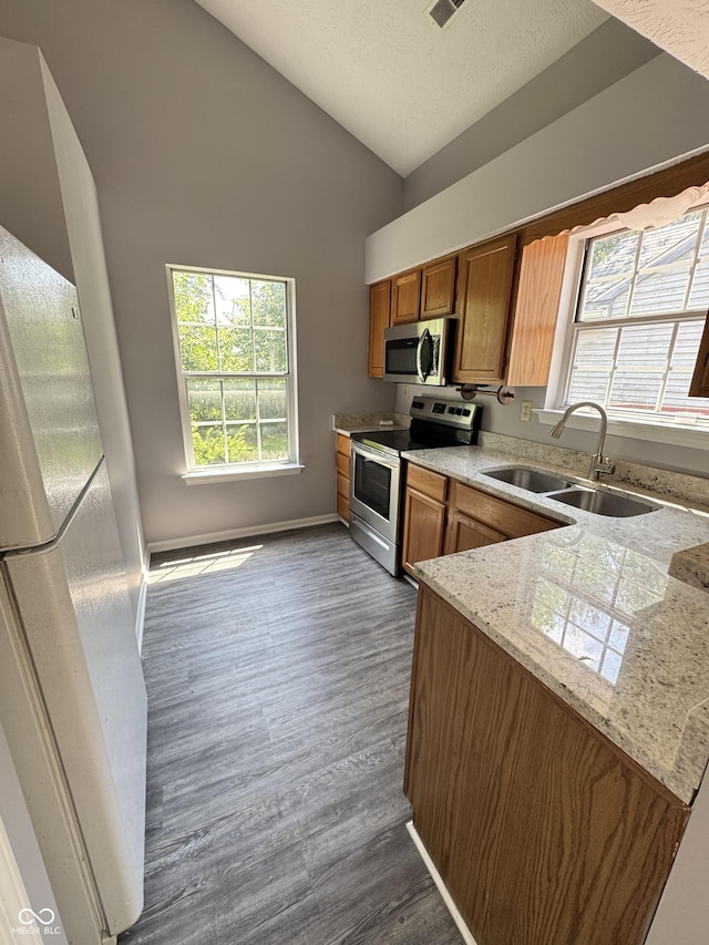 9716 Spruce Ln, Fishers, IN 46038 - kitchen with stainless steel appliances, brown cabinetry, dark wood finished floors, light stone countertops, and high vaulted ceiling
