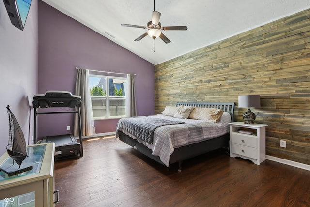 897 Sommersweet Run, Greenwood, IN 46143 - bedroom with vaulted ceiling, wood walls, wood finished floors, and a ceiling fan