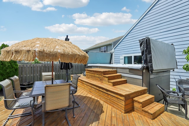 897 Sommersweet Run, Greenwood, IN 46143 - wooden terrace featuring a jacuzzi and outdoor dining area
