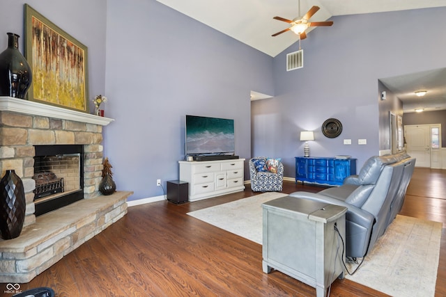 897 Sommersweet Run, Greenwood, IN 46143 - living area with ceiling fan, wood finished floors, a fireplace, and high vaulted ceiling