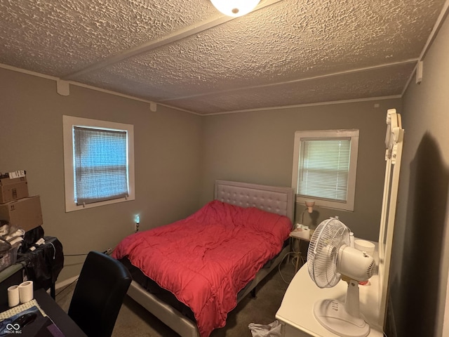 4006 Kenneth Ave, Indianapolis, IN 46226 - bedroom with a textured ceiling, carpet, multiple windows, and ornamental molding
