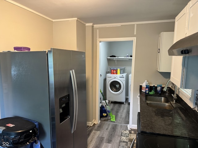 4006 Kenneth Ave, Indianapolis, IN 46226 - kitchen featuring stainless steel refrigerator with ice dispenser, separate washer and dryer, dark wood-style flooring, white cabinets, and dark countertops