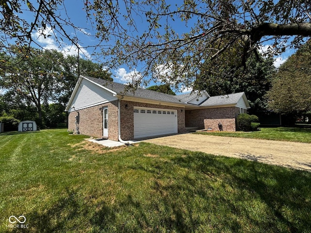 321 S Locust Dr, Morristown, IN 46161 - view of side of home featuring brick siding, an attached garage, a storage unit, and a lawn