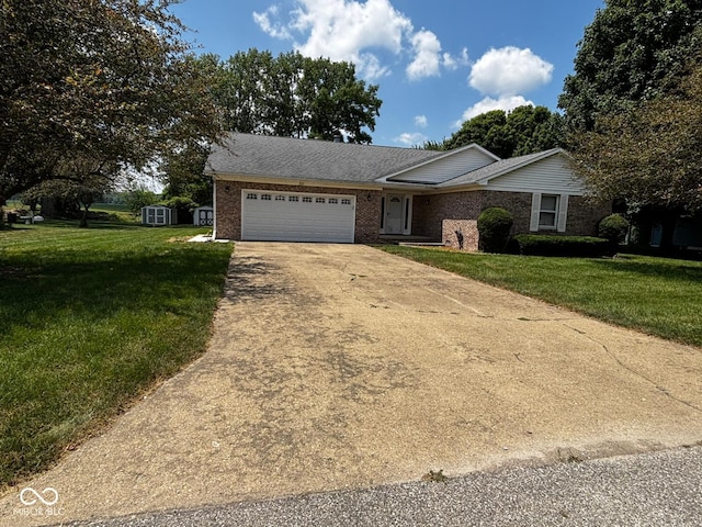 321 S Locust Dr, Morristown, IN 46161 - single story home with an attached garage, driveway, brick siding, a front lawn, and a shed