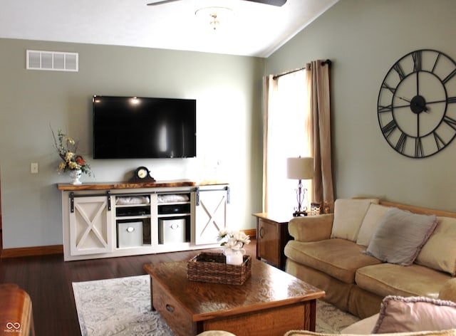 6022 S 550th Rd E, Franklin, IN 46131 - living area featuring lofted ceiling, wood finished floors, and ceiling fan