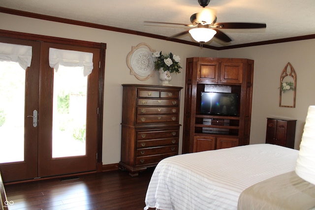 6022 S 550th Rd E, Franklin, IN 46131 - bedroom with french doors, multiple windows, dark wood-type flooring, ceiling fan, and crown molding