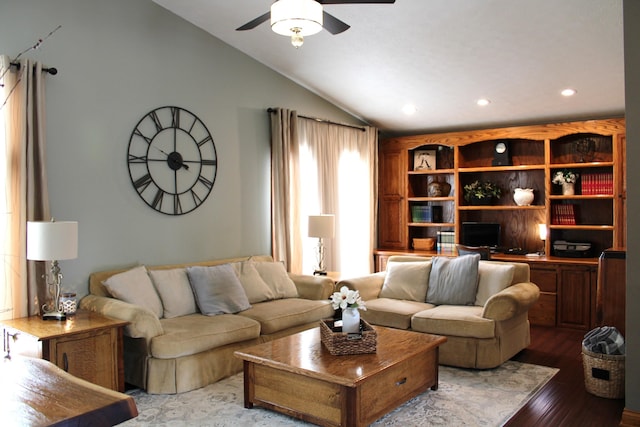 6022 S 550th Rd E, Franklin, IN 46131 - living room featuring vaulted ceiling, ceiling fan, wood finished floors, and recessed lighting