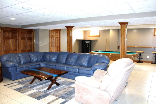 6022 S 550th Rd E, Franklin, IN 46131 - living room featuring tile patterned flooring, pool table, and a drop ceiling