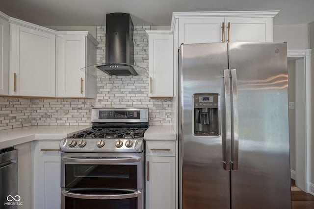 1409 Terrace Ave, Indianapolis, IN 46203 - kitchen with stainless steel appliances, wall chimney exhaust hood, light countertops, and white cabinetry