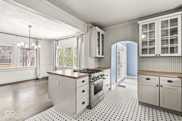 4123 N Illinois St, Indianapolis, IN 46208 - kitchen with high end stainless steel range oven, butcher block countertops, a chandelier, arched walkways, and glass insert cabinets