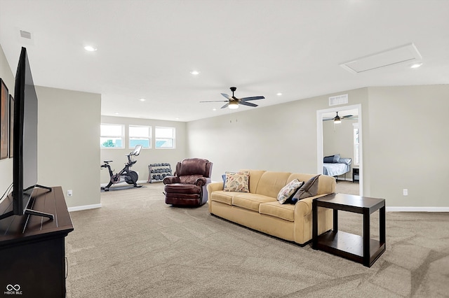 887 Tuxedo Dr, Westfield, IN 46074 - carpeted living area with a ceiling fan, recessed lighting, and attic access