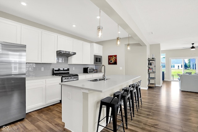 887 Tuxedo Dr, Westfield, IN 46074 - kitchen featuring stainless steel appliances, under cabinet range hood, wood finished floors, decorative backsplash, and an island with sink