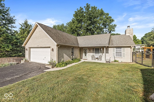 3772 Brill Rd, Indianapolis, IN 46227 - ranch-style house with brick siding, a chimney, asphalt driveway, a shingled roof, and an attached garage