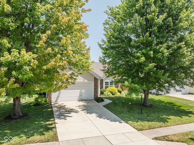 12384 Barnstone Ct, Fishers, IN 46037 - view of property hidden behind natural elements featuring brick siding, an attached garage, a front lawn, and concrete driveway