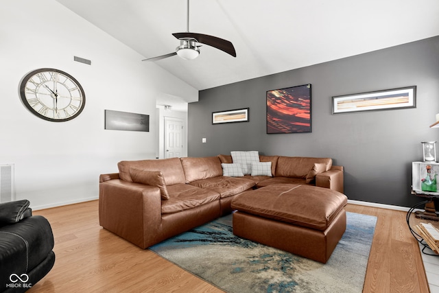 12384 Barnstone Ct, Fishers, IN 46037 - living room featuring a ceiling fan, light wood-style floors, and high vaulted ceiling