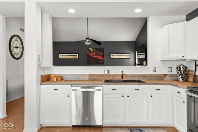12384 Barnstone Ct, Fishers, IN 46037 - kitchen featuring dishwasher, white cabinets, light wood finished floors, ceiling fan, and recessed lighting