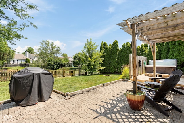 12384 Barnstone Ct, Fishers, IN 46037 - fenced backyard with a hot tub, a grill, a patio area, and a pergola