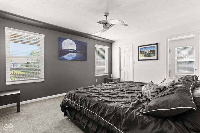 12384 Barnstone Ct, Fishers, IN 46037 - bedroom with carpet floors, multiple windows, connected bathroom, a textured ceiling, and ceiling fan