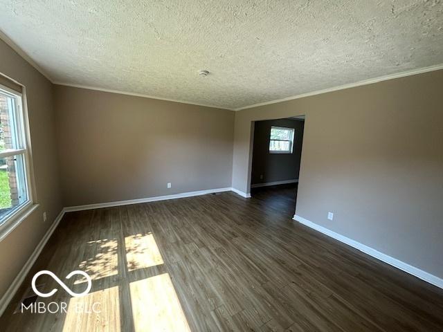 2732 Morning Star Dr, Indianapolis, IN 46229 - empty room featuring a textured ceiling, dark wood-style floors, and crown molding