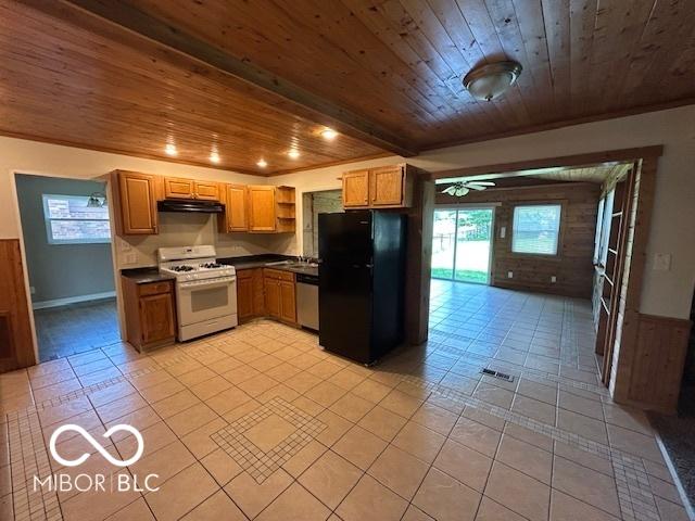 2732 Morning Star Dr, Indianapolis, IN 46229 - kitchen featuring gas range gas stove, freestanding refrigerator, wooden ceiling, open shelves, and dark countertops