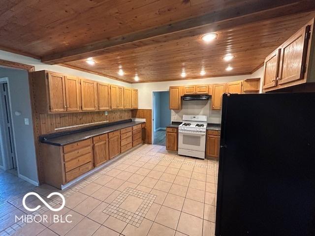 2732 Morning Star Dr, Indianapolis, IN 46229 - kitchen with white gas range, freestanding refrigerator, wood ceiling, under cabinet range hood, and dark countertops