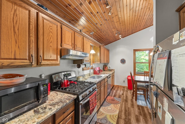 2591 S Glen Cv, Martinsville, IN 46151 - kitchen featuring appliances with stainless steel finishes, under cabinet range hood, rail lighting, wooden ceiling, and lofted ceiling