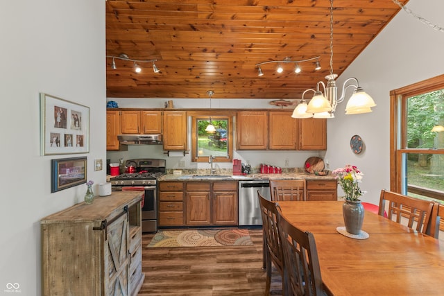 2591 S Glen Cv, Martinsville, IN 46151 - kitchen with appliances with stainless steel finishes, track lighting, under cabinet range hood, dark wood-type flooring, and wood ceiling