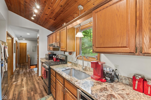 2591 S Glen Cv, Martinsville, IN 46151 - kitchen with stainless steel gas stove, vaulted ceiling, under cabinet range hood, dark wood finished floors, and black microwave