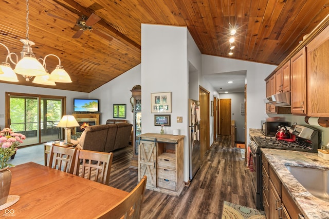 2591 S Glen Cv, Martinsville, IN 46151 - dining space featuring wooden ceiling, dark wood-type flooring, a lit fireplace, a ceiling fan, and a chandelier