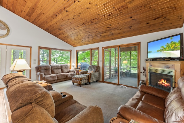 2591 S Glen Cv, Martinsville, IN 46151 - carpeted living room with a lit fireplace, high vaulted ceiling, and wood ceiling