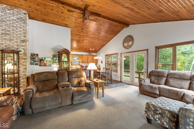 2591 S Glen Cv, Martinsville, IN 46151 - carpeted living room featuring high vaulted ceiling, a wooden ceiling with exposed beams, healthy amount of natural light, and a ceiling fan