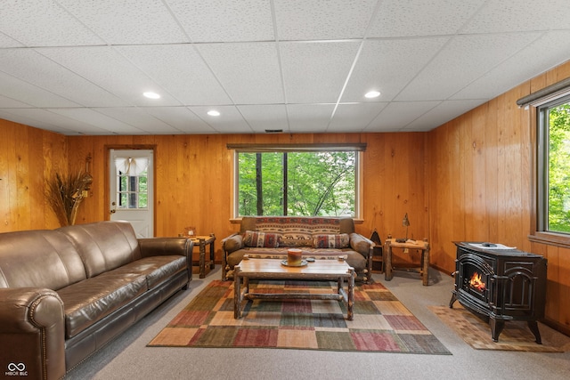 2591 S Glen Cv, Martinsville, IN 46151 - carpeted living area with a wood stove, wooden walls, and recessed lighting