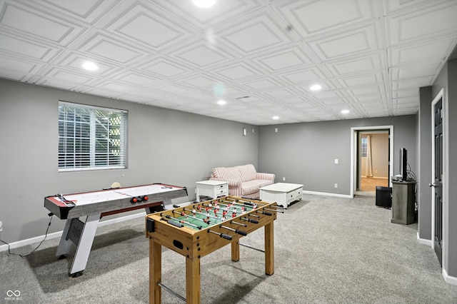 682 Shannon Ct, Noblesville, IN 46062 - playroom with recessed lighting, light carpet, and an ornate ceiling
