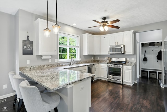 682 Shannon Ct, Noblesville, IN 46062 - kitchen with stainless steel appliances, a peninsula, light stone countertops, white cabinets, and dark wood finished floors