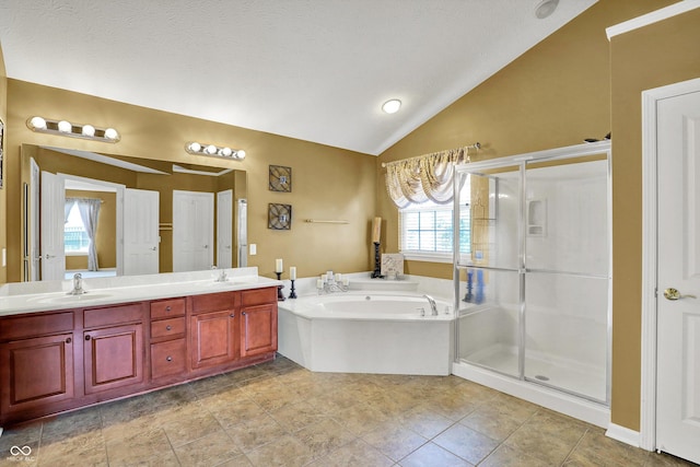 10267 Ranford Blvd, Fishers, IN 46040 - full bath featuring vaulted ceiling, a shower stall, a bath, and double vanity