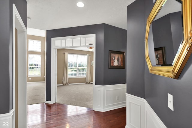 10267 Ranford Blvd, Fishers, IN 46040 - hall with dark wood-style flooring, dark carpet, and wainscoting