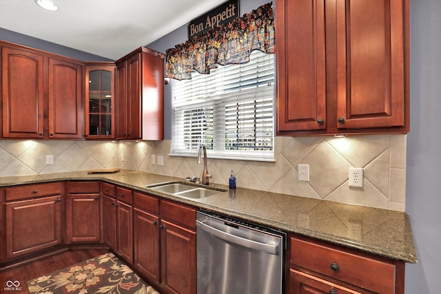 10267 Ranford Blvd, Fishers, IN 46040 - kitchen featuring dishwasher, reddish brown cabinets, glass insert cabinets, and dark wood-type flooring
